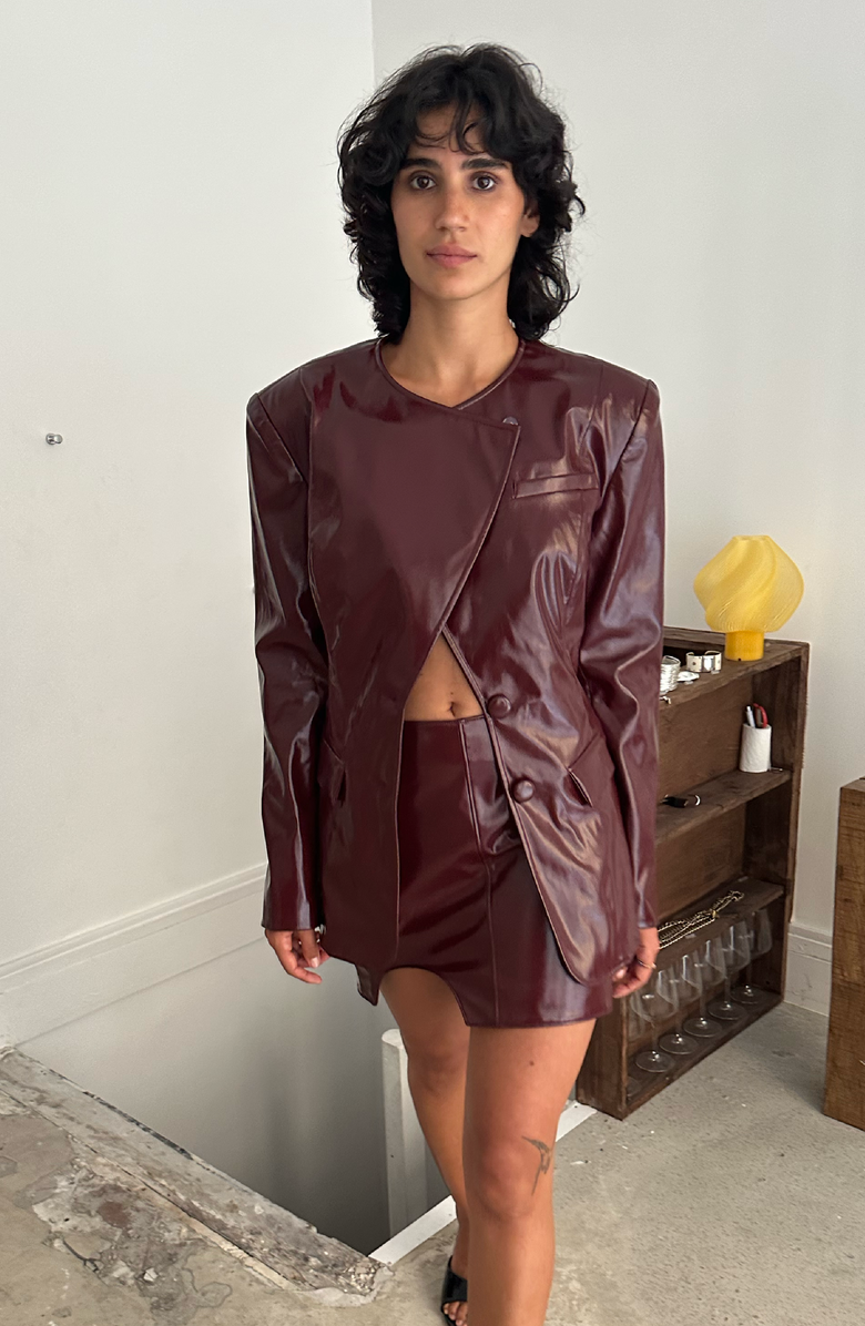 SAEMDI Sculptural Faux Leather Suit Jacket, Alternate, color, Burgundy