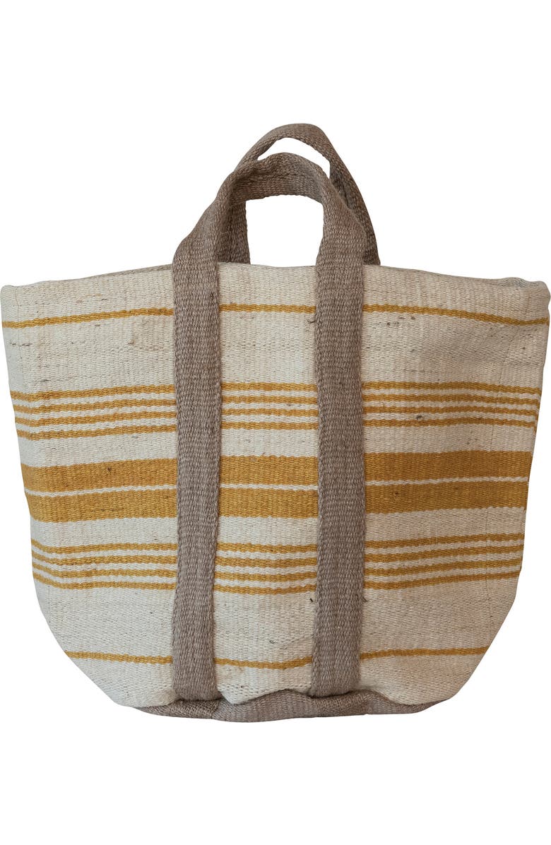 Storied Home Jute and Cotton Tote Bag with Stripes and Handles, Cream, Yellow, and Natural, Main, color, Tan