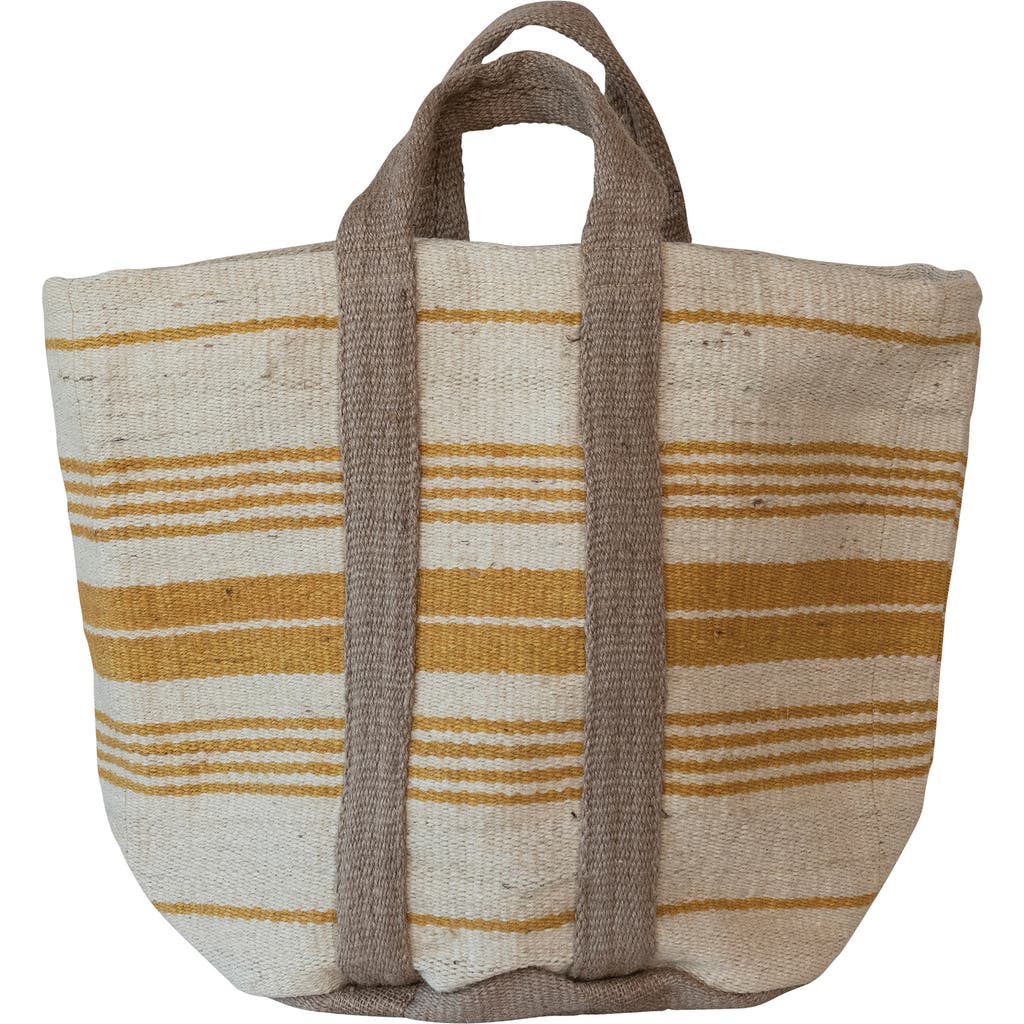 Storied Home Jute And Cotton Tote Bag With Stripes And Handles, Cream, Yellow, And Natural In Brown