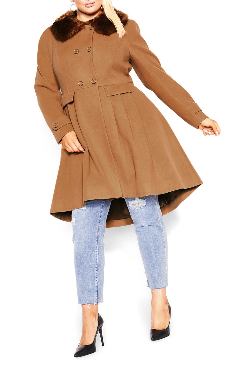 City Chic Grandiose Coat with Faux Fur Collar, Main, color, Sand