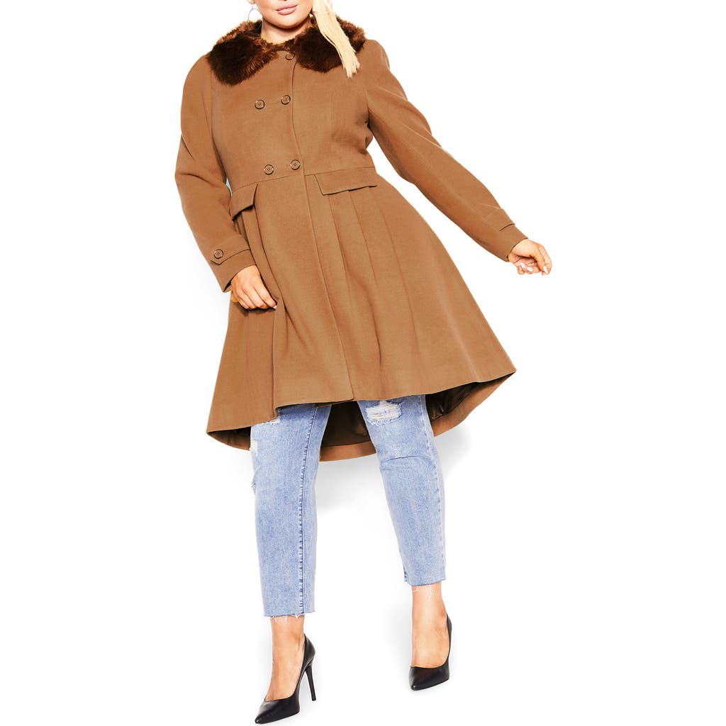 City Chic Grandiose Coat With Faux Fur Collar In Brown