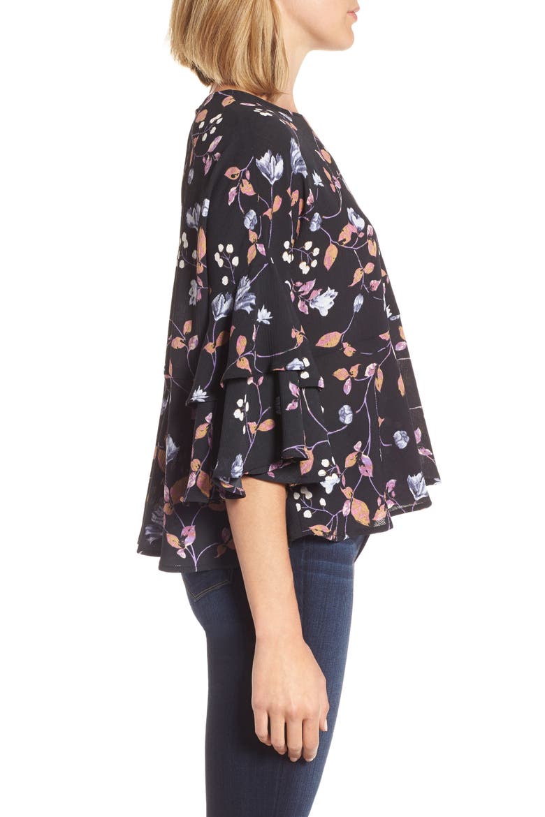 Gibson Tiered Ruffle Sleeve Peplum Blouse, Alternate, color, BLACK/ LAVENDER PRINT