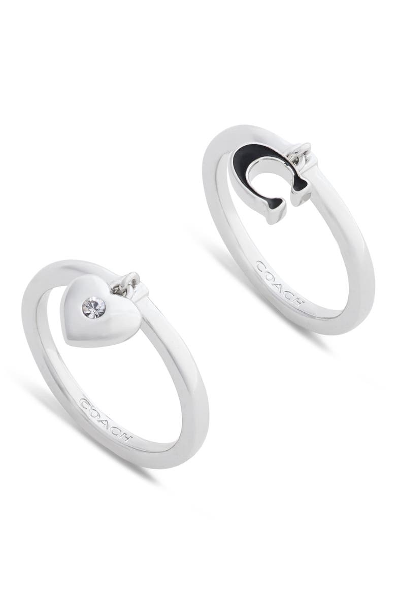 C-Motif & Heart Stack Ring Set, Alternate, color, BLACK/ RHODIUM