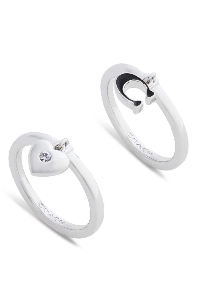COACH C-Motif & Heart Stack Ring Set, Alternate, color, Black/ Rhodium