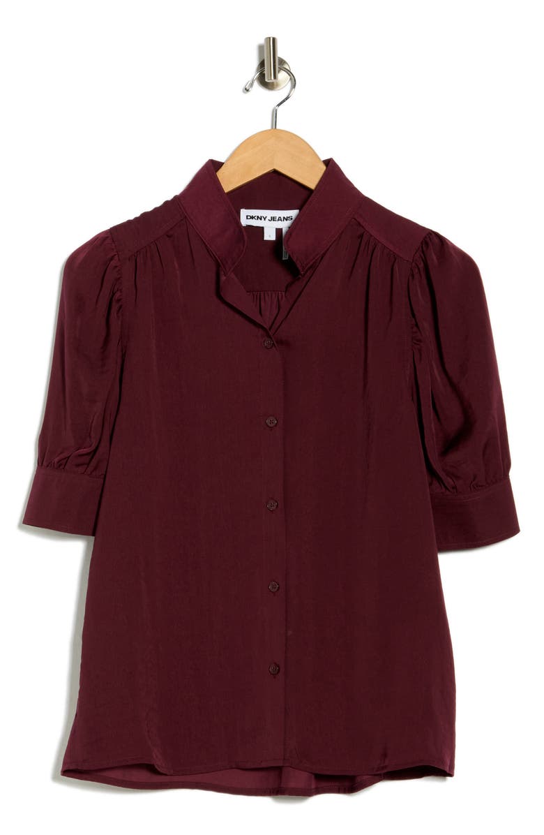 DKNY Jeans Puff Short Sleeve Button-Up Shirt, Alternate, color, Syrah