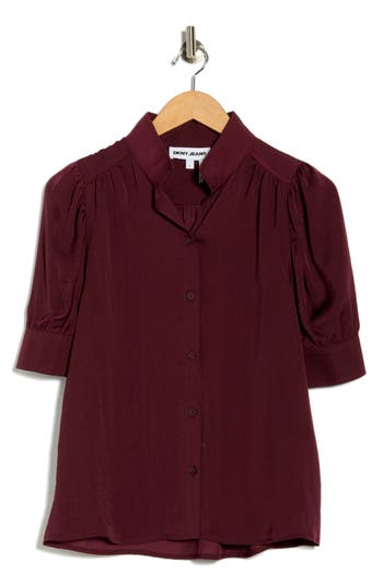 Dkny Jeans Puff Short Sleeve Button-up Shirt In Burgundy