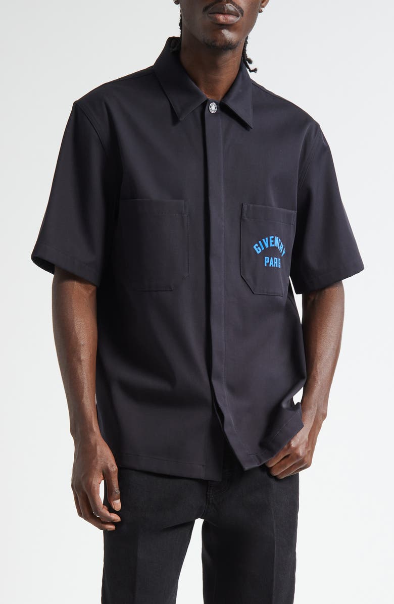 Givenchy Logo Embroidered Short Sleeve Button-Up Shirt, Main, color, Dark Blue