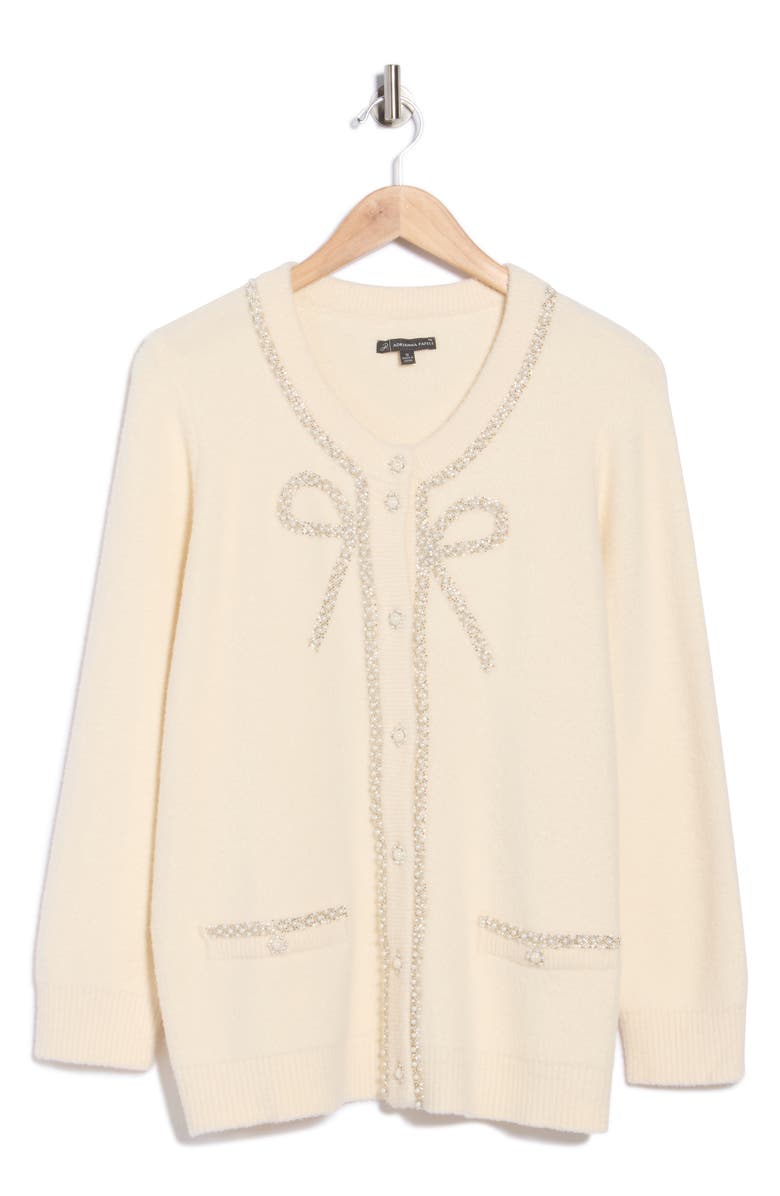 Adrianna Papell Faux Pearl Bow Cardigan, Alternate, color, Cream