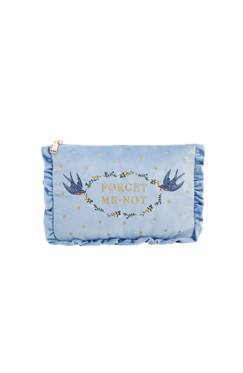 Fable England Forget Me Not Velvet Embroidered Pouch, Main, color, Light/Pastel Blue