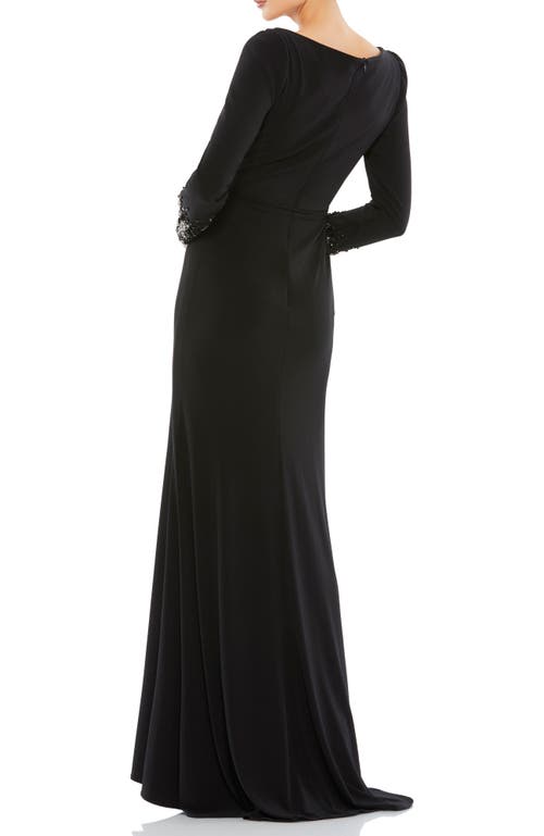 Mac Duggal Beaded Cuff Long Sleeve Wrap Front Gown In Black