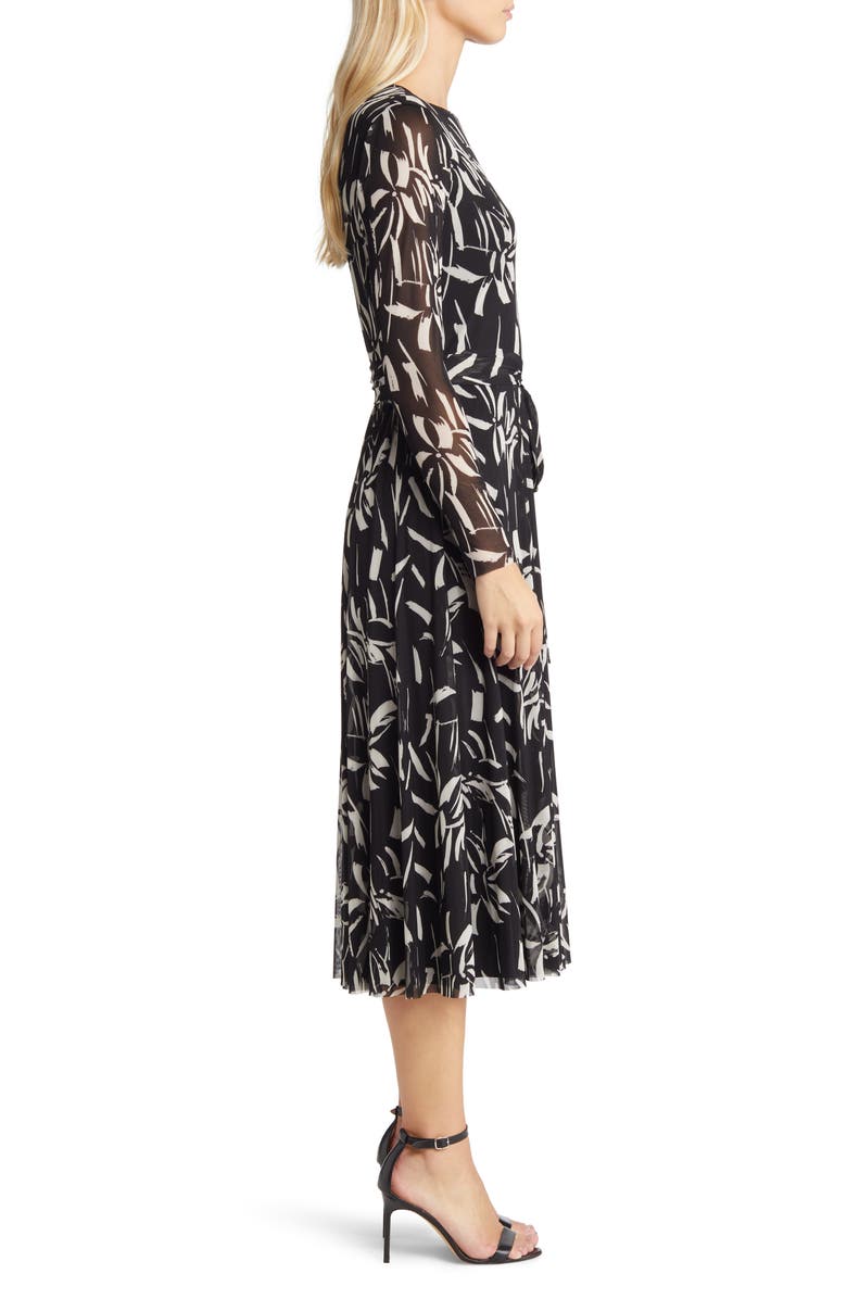 Anne Klein Abstract Print Tie Waist Long Sleeve Mesh Midi Dress, Alternate, color,