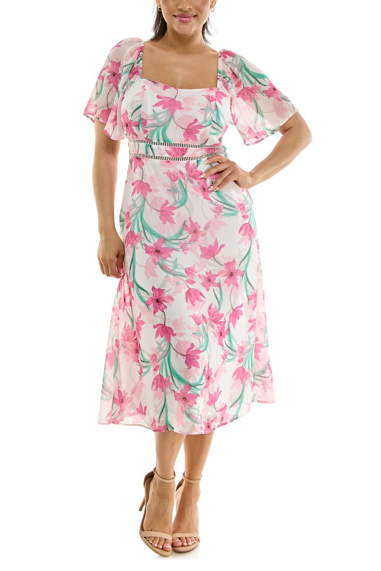 Flutter Sleeve Sweetheart Midi Dress, Main, color, PINK RIBBON MULTI