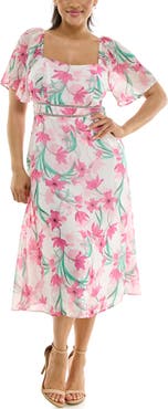 Nina Leonard Flutter Sleeve Sweetheart Midi Dress