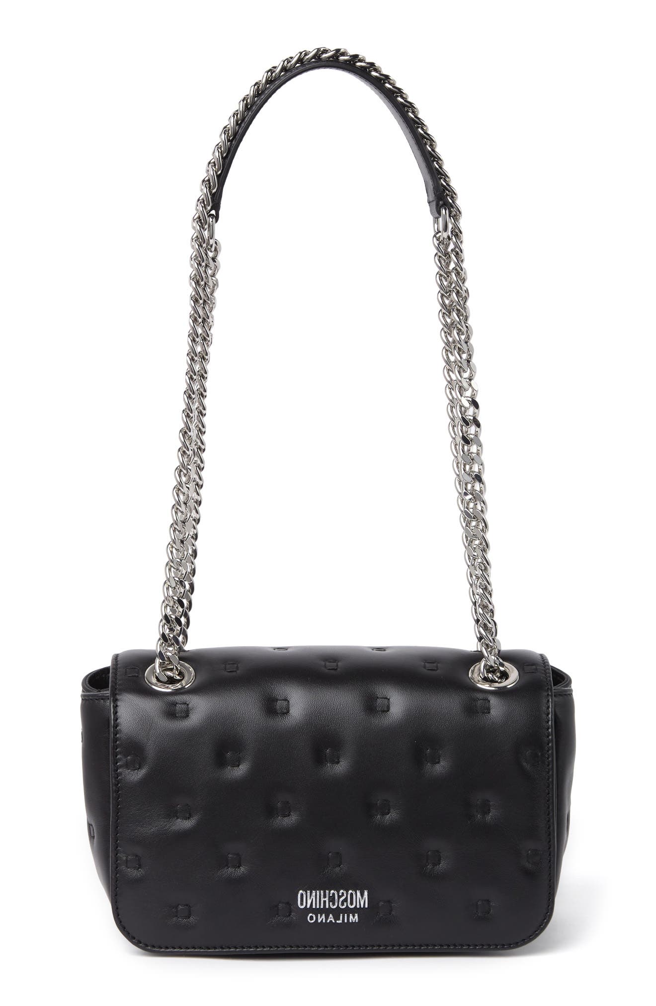 Embossed Leather Shoulder Bag, Main, color, BLACK
