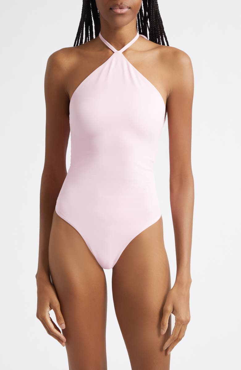 Jacquemus Le Bastide One-Piece Halter Swimsuit, Main, color, Print Dots Heart Navy