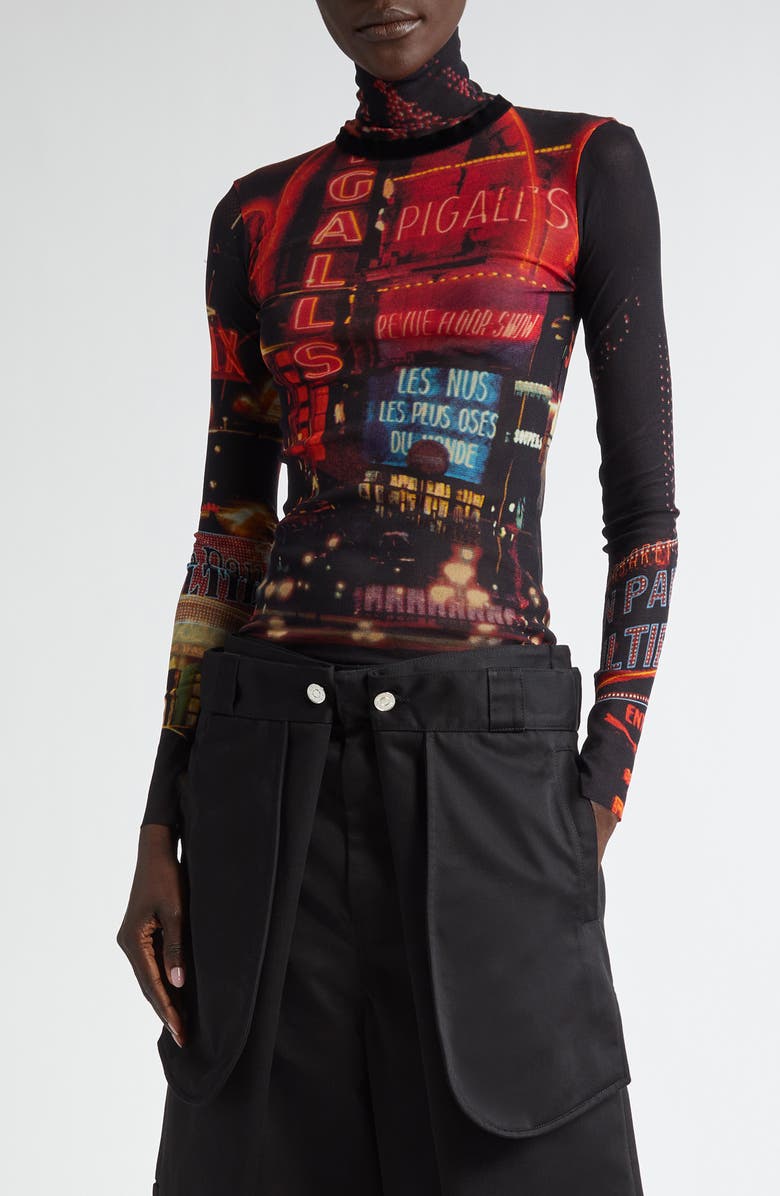 Jean Paul Gaultier Red Pigalle Print Long Sleeve Mesh T-Shirt, Main, color,