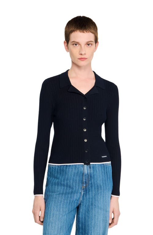 Sandro Cropped Polo Collar Cardigan In Blue