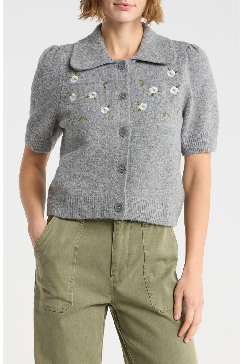 Embroidered Collared Short Sleeve Sweater, Main, color, MEDIUM GREY MIX