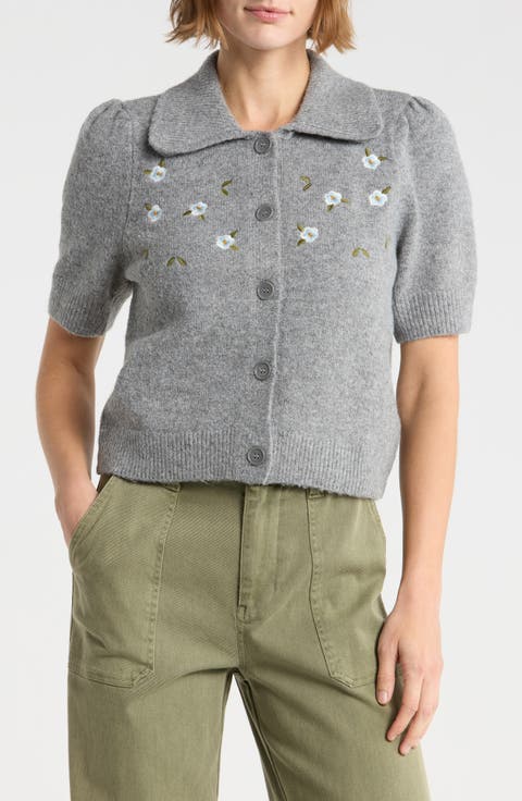 Embroidered Collared Short Sleeve Sweater