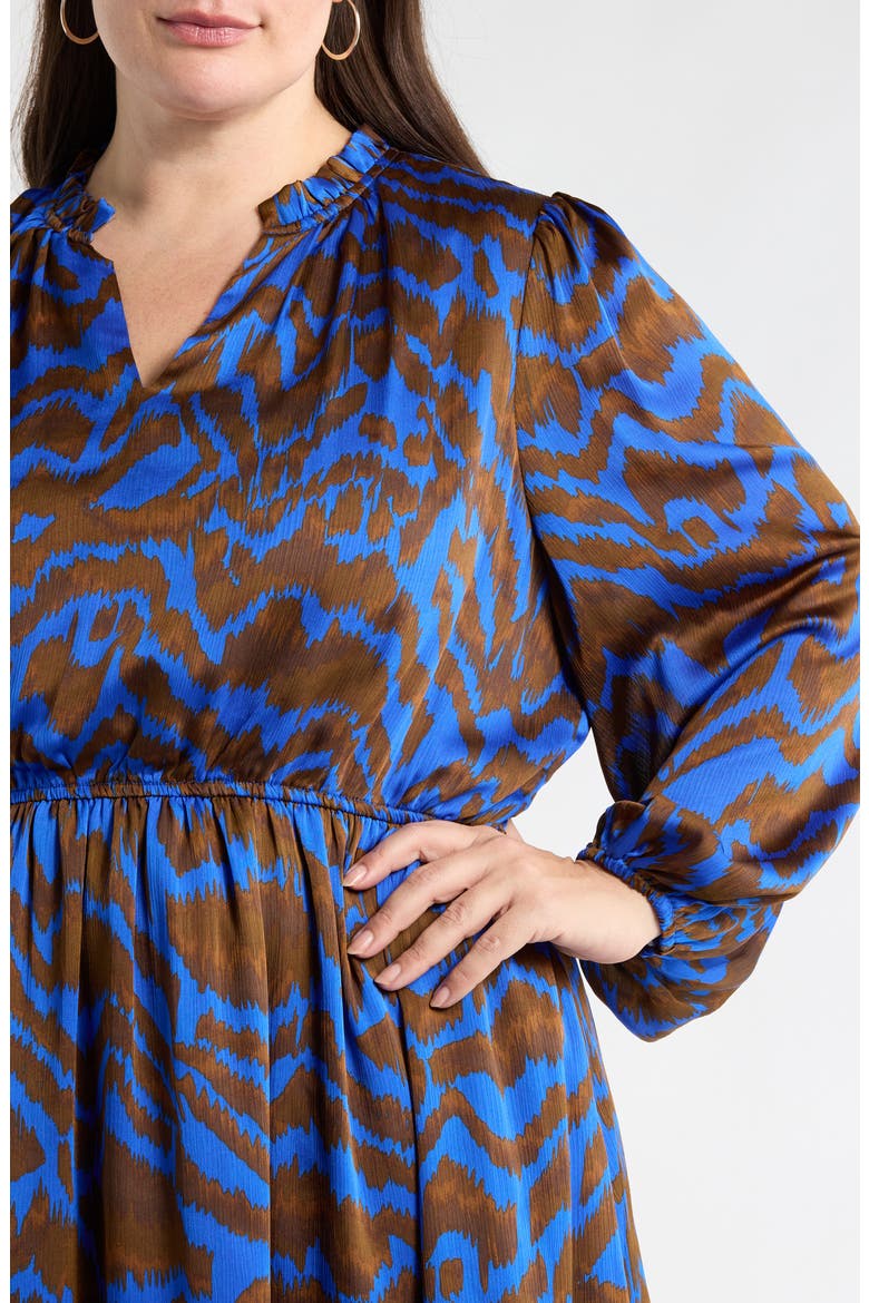 Krista Abrstract Fabiola Long Sleeve Satin Midi Dress, Alternate, color, BROWN/ BLUE MULTI