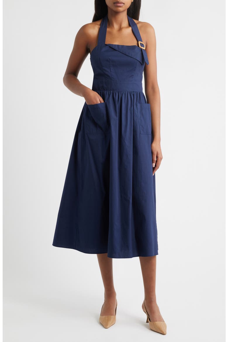 Halter Neck Cotton Midi Dress, Main, color, NAVY