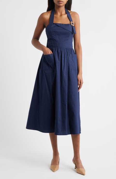 Blue Halter Semi Flare Midi Dress Blue Halter Semi Flare Midi Dress