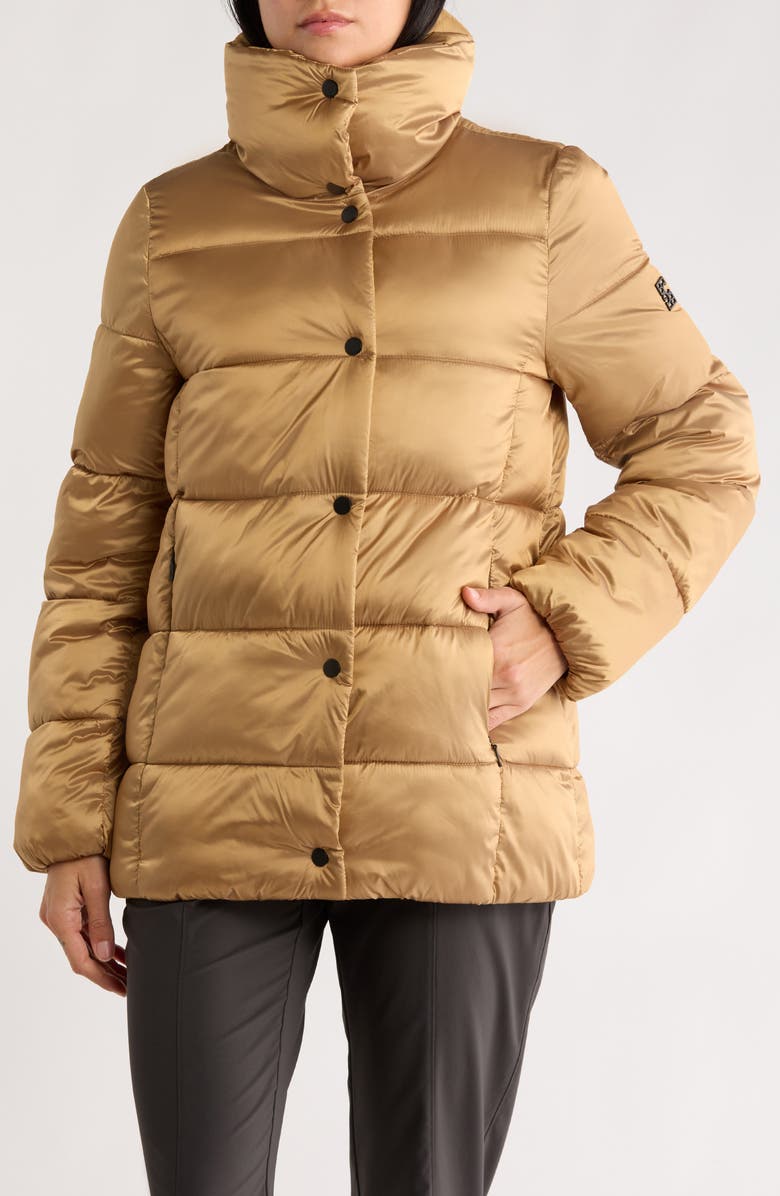 BCBGeneration Water Resistant Snap Front Puffer Jacket, Main, color, Lux Gold