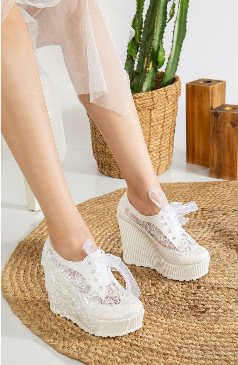 Forever & Always Shoes Sheri Lace Bridal Platform Sneakers, Alternate, color, Ivory