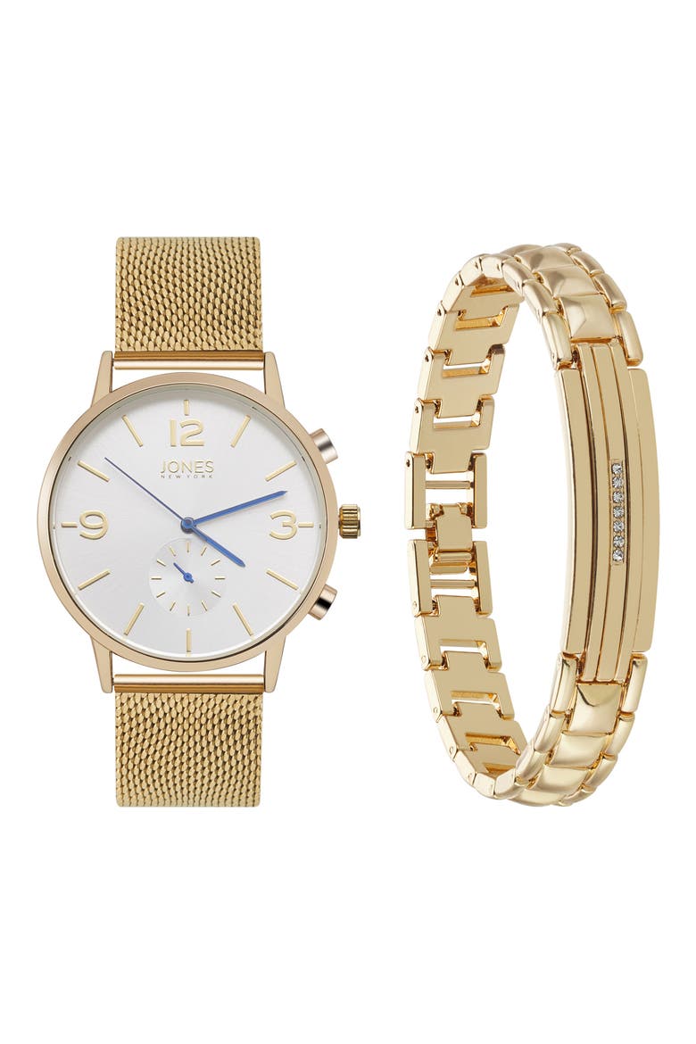 Three-Hand Quartz Mesh Strap Watch & ID Bracelet Set, Main, color, GOLD