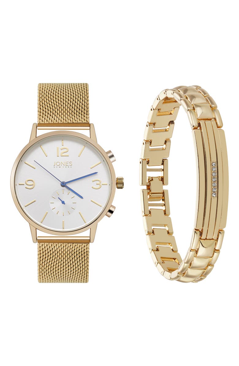 Jones New York Three-Hand Quartz Mesh Strap Watch & ID Bracelet Set, Main, color, Gold