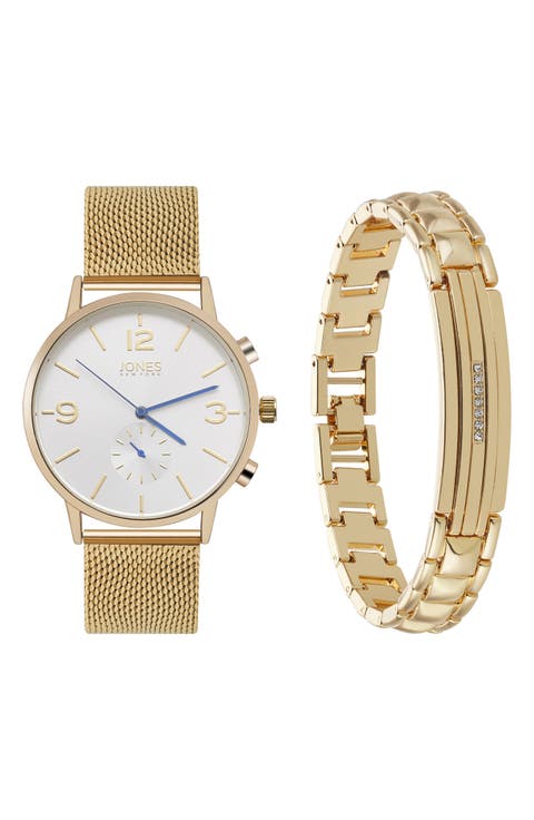 Three-Hand Quartz Mesh Strap Watch & ID Bracelet Set