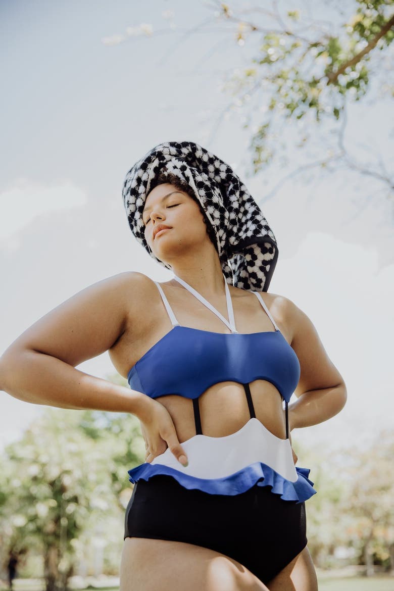 Mitchy One Piece Swimsuit With Ruffle Waist, Alternate, color, White/Black/Royal Blue