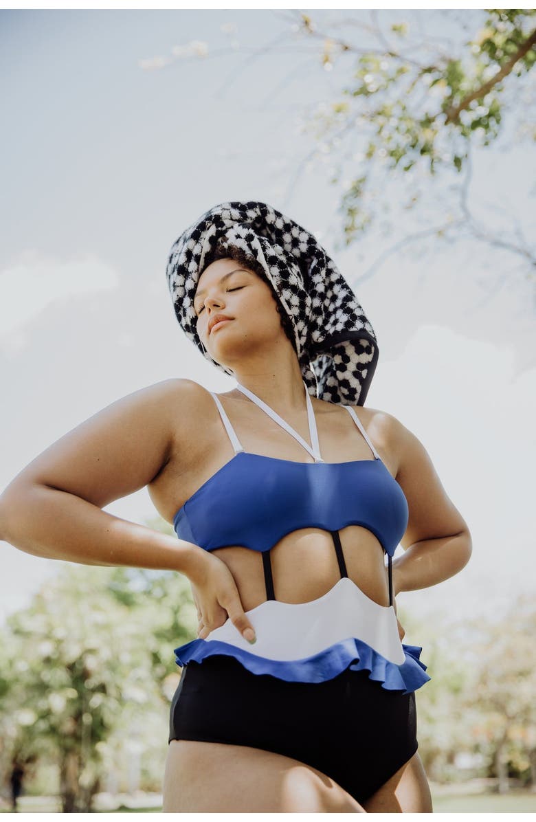 Mary Mercedes Mitchy One Piece Swimsuit With Ruffle Waist, Alternate, color, White/Black/Royal Blue