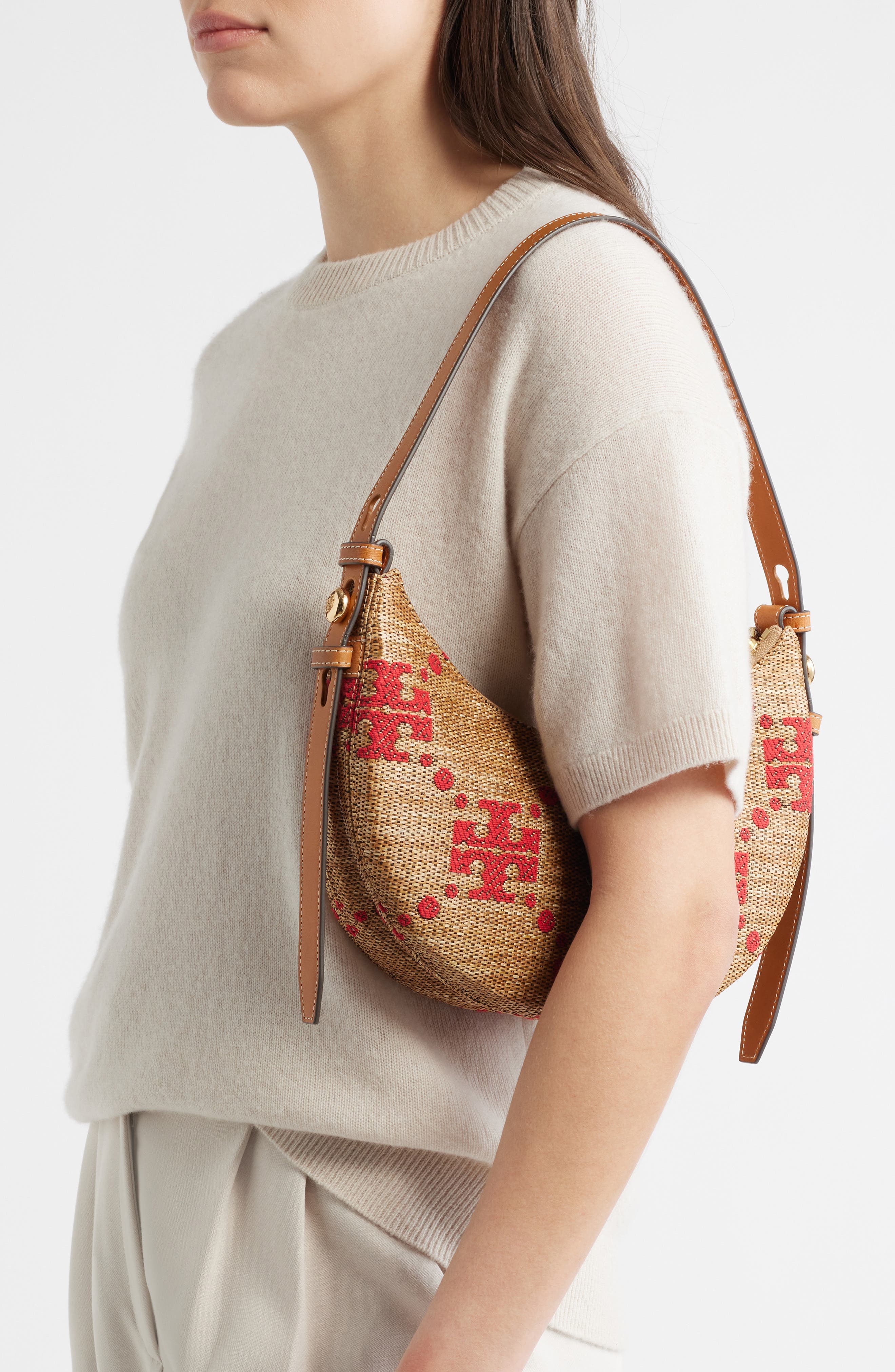 Tory Burch Romy T Monogram Straw Half Moon Shoulder Bag, Alternate, color, Natural