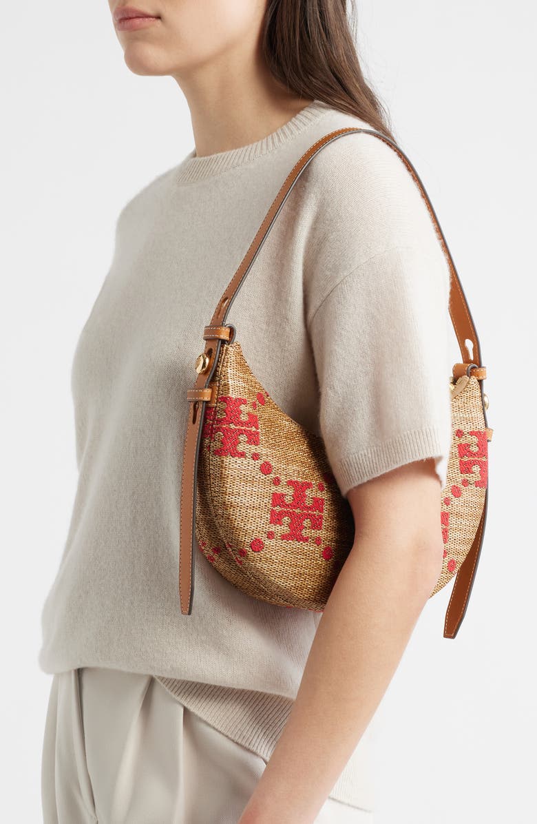 Tory Burch Romy T Monogram Straw Half Moon Shoulder Bag, Alternate, color, Natural