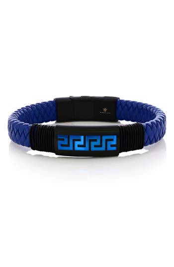 Blackjack Stainless Steel Greek Key Woven Leather Bracelet