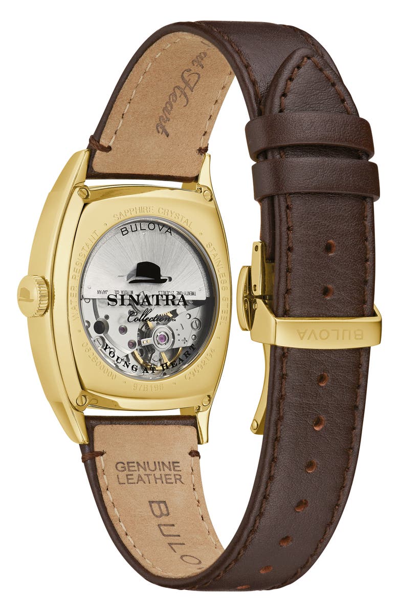 BULOVA Frank Sinatra Young at Heart Leather Strap Watch, 33.5mm, Alternate, color, Gold-Tone