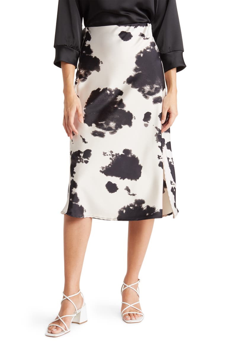 Cow Print Midi Skirt, Main, color, BLACK
