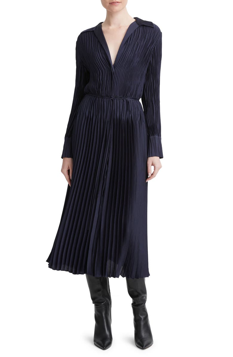 Vince Pleated Tie Waist Long Sleeve Midi Dress, Main, color, 