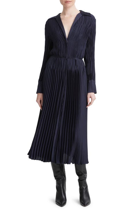 Pleated Tie Waist Long Sleeve Midi Dress