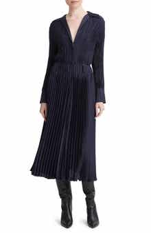 Vince Pleated Tie Waist Long Sleeve Midi Dress