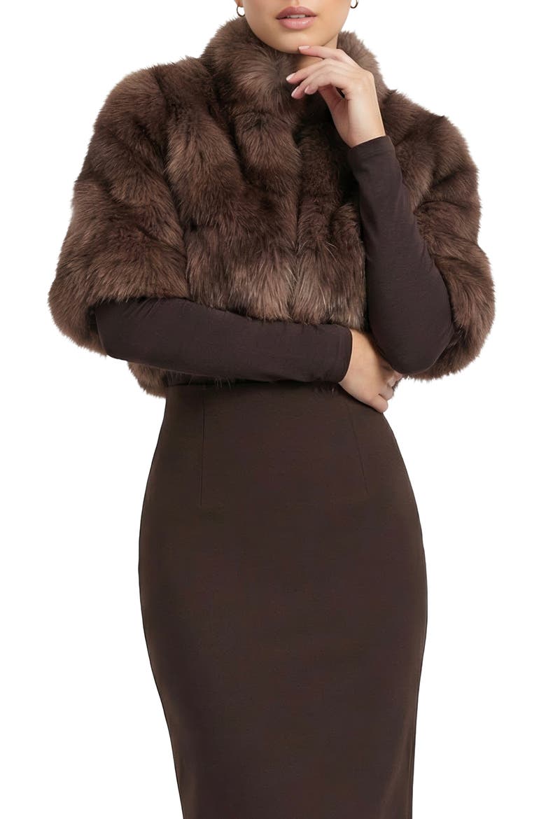 Fur-Free Fox (Faux Fur) Short Bolero, Short Sleeves, Alternate, color, BROWN