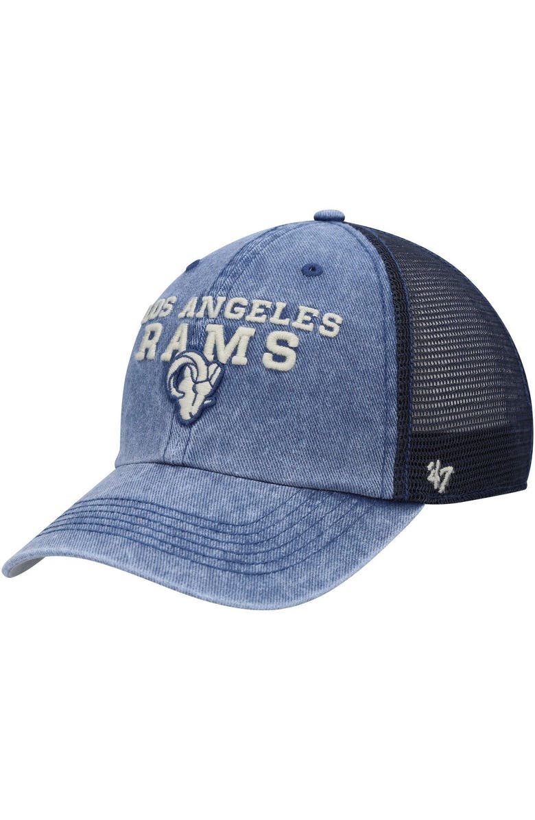 '47 Men's '47 Navy Los Angeles Rams Drumlin Trucker Clean Up Snapback Hat, Main, color, 
