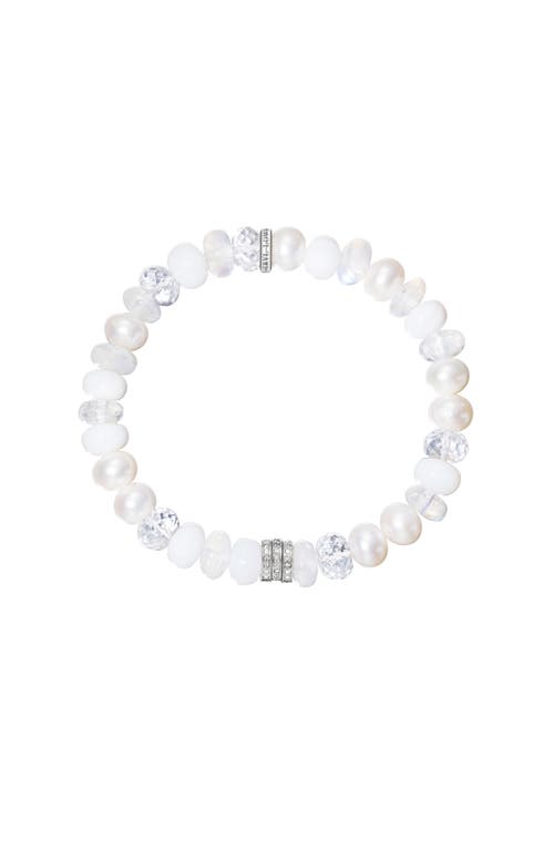 Sheryl Lowe White Mix 8mm Bead Bracelet With 3 Clustered Diamond Rondelles In Silver
