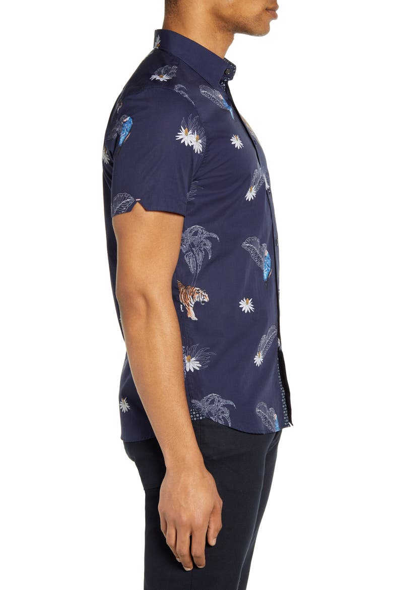 Bold Animal Print Slim Fit Short Sleeve Button-Up Shirt, Alternate, color, NAVY