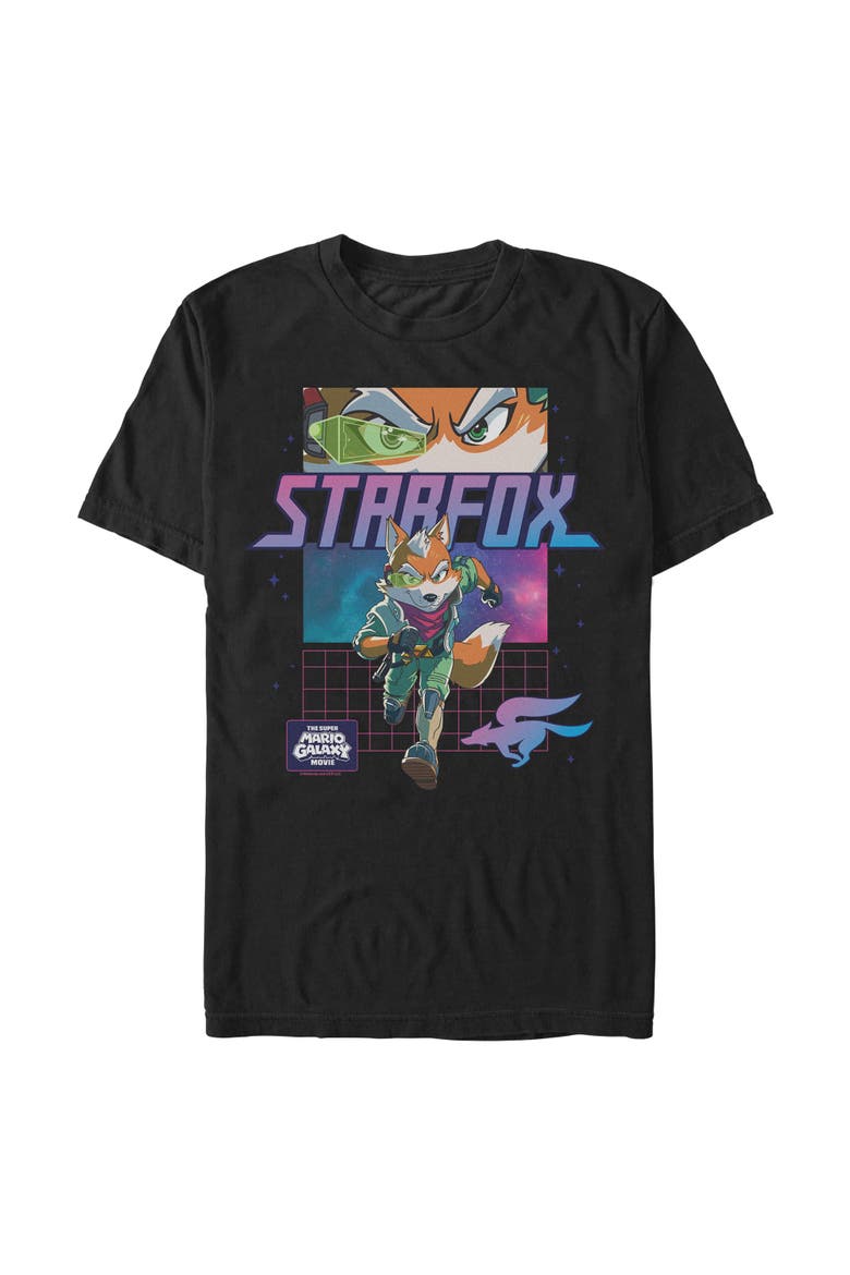 Men's Anime Fox McCloud Grid Short Sleeve T-Shirt, Main, color, Black