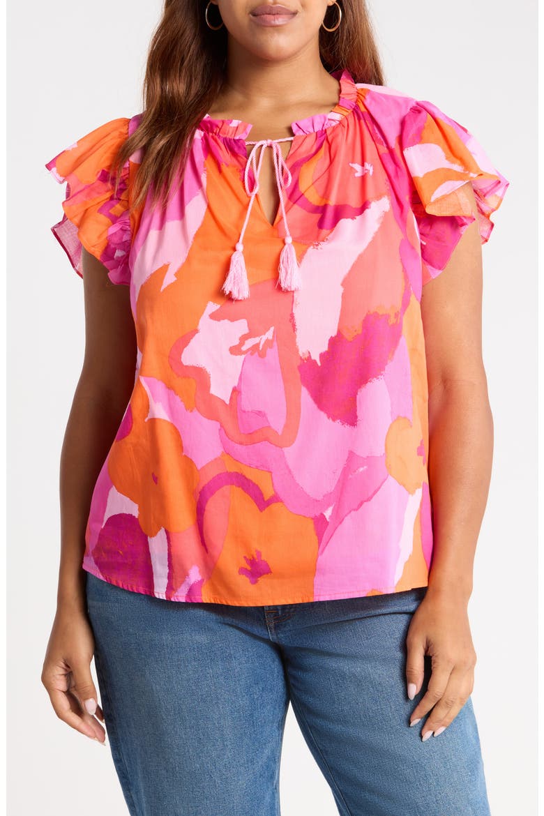 Merim Deniza Floral Split Neck Cotton Top, Main, color, ORANGE PINK MULTI