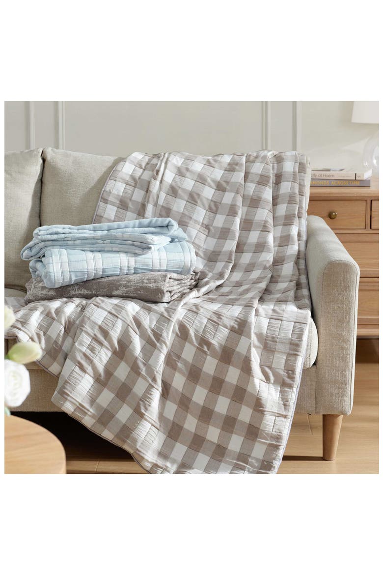 Gingham Jacquard Cotton Muslin Throw Blanket, Alternate, color, WHITE/ DARK TAUPE