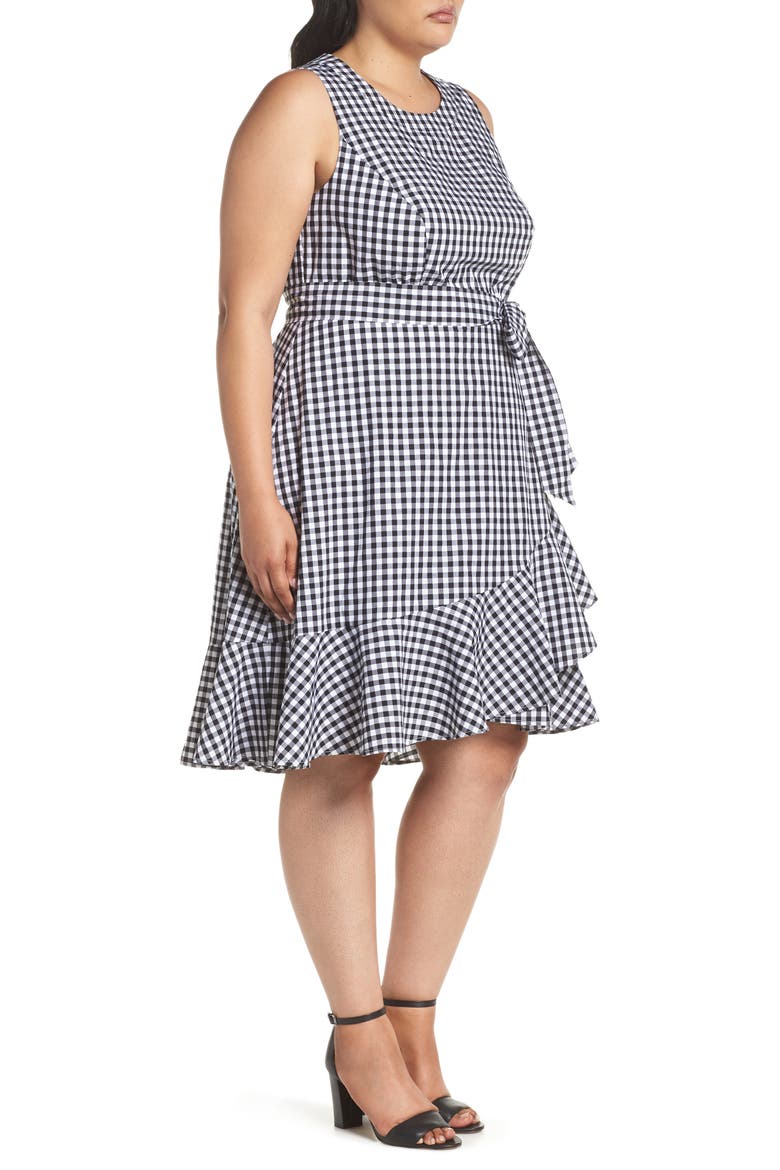Belted Ruffle Hem Gingham Dress, Alternate, color, BLACK/ WHITE