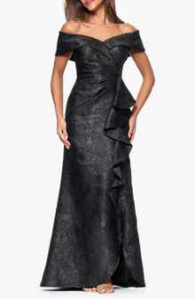 Xscape Evenings Ruffle Off the Shoulder Brocade Gown